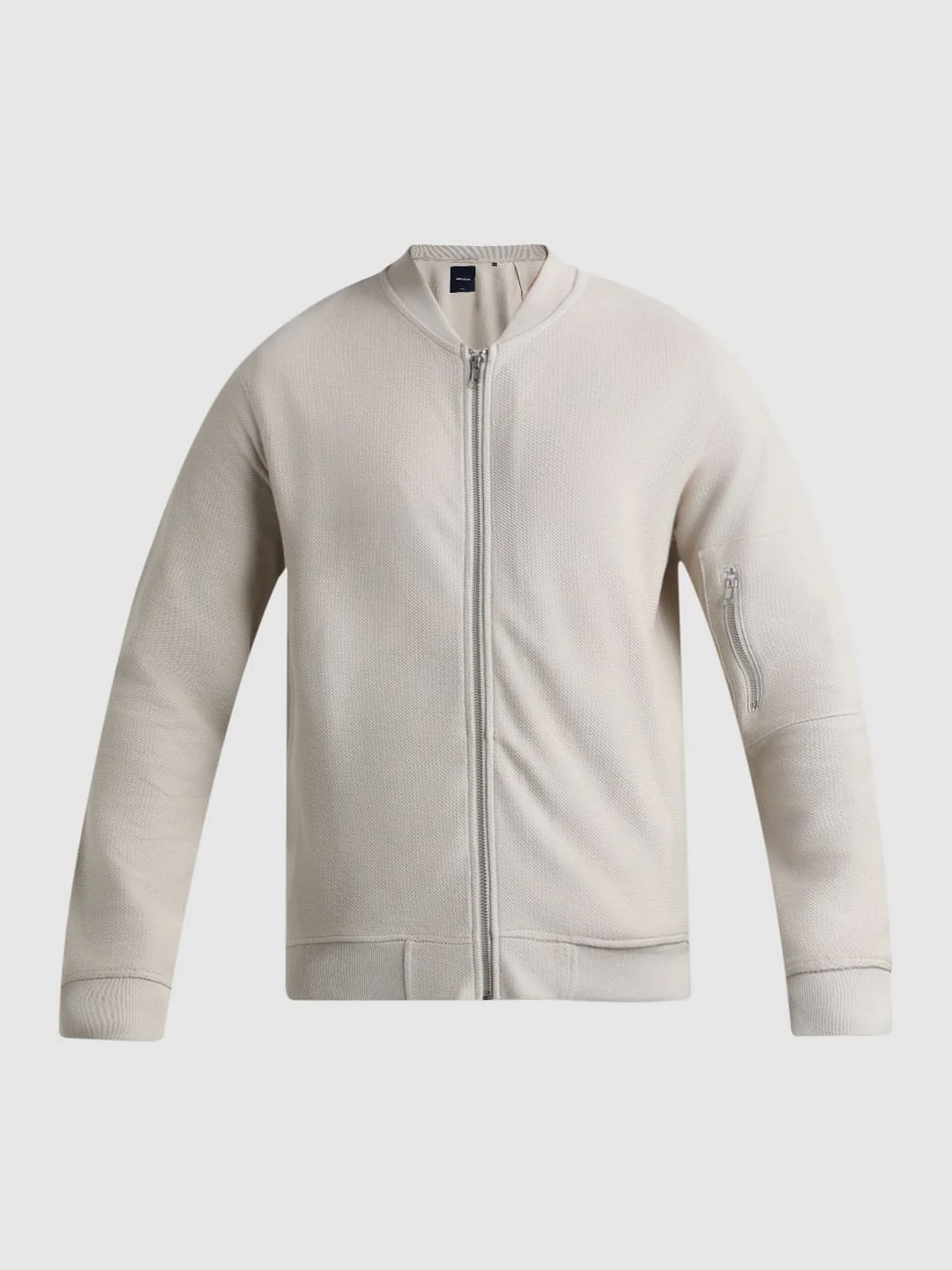 Beige Jacquard Knit Bomber Jacket - Image 8