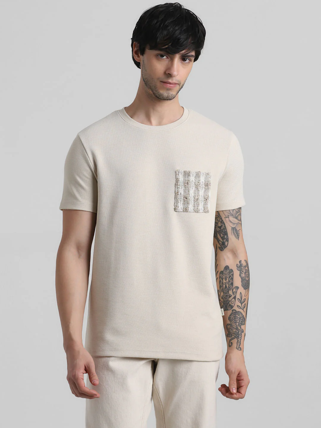 Beige Knitted Pocket Crew Neck T-shirt - Image 2