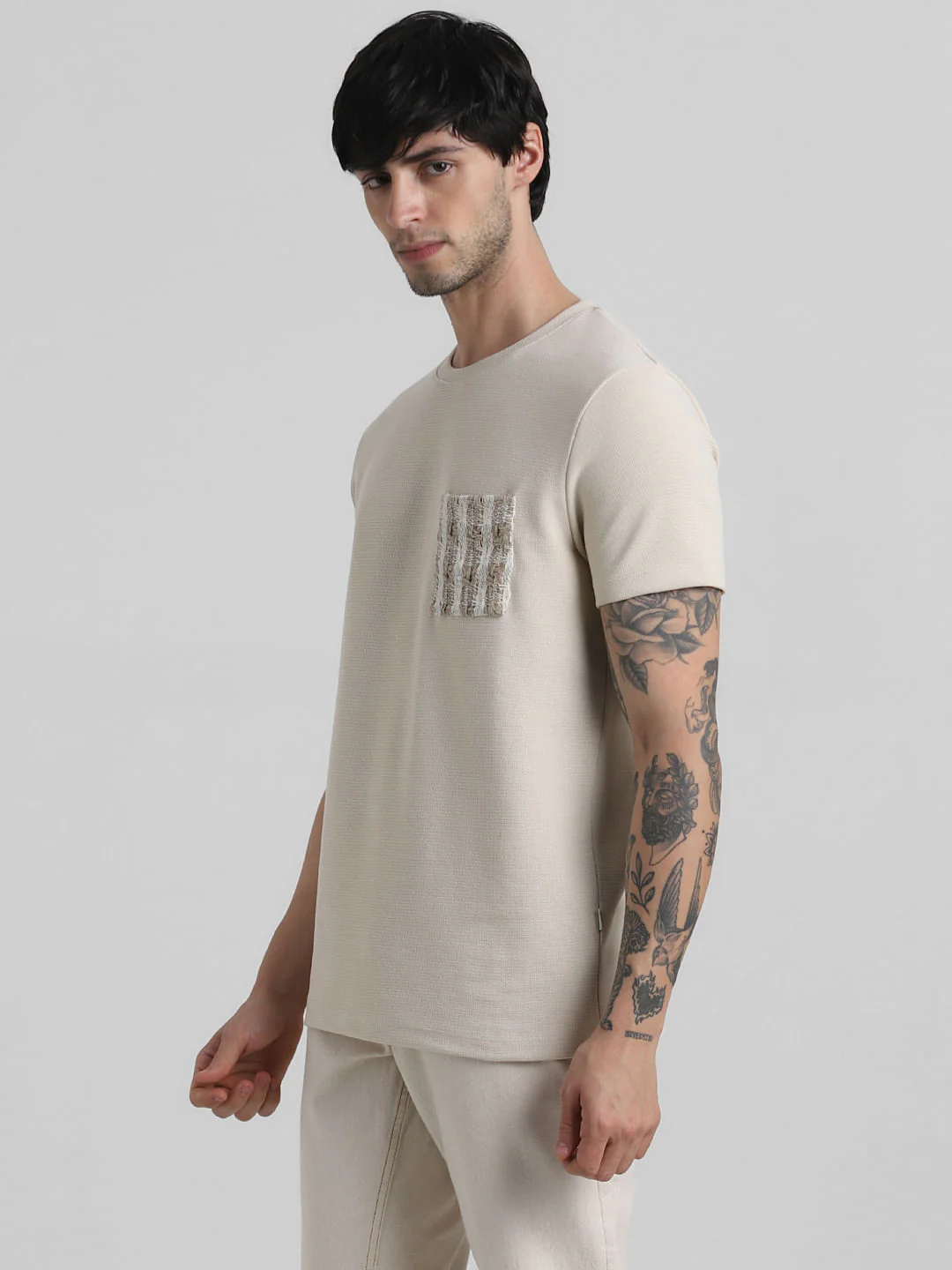 Beige Knitted Pocket Crew Neck T-shirt - Image 3