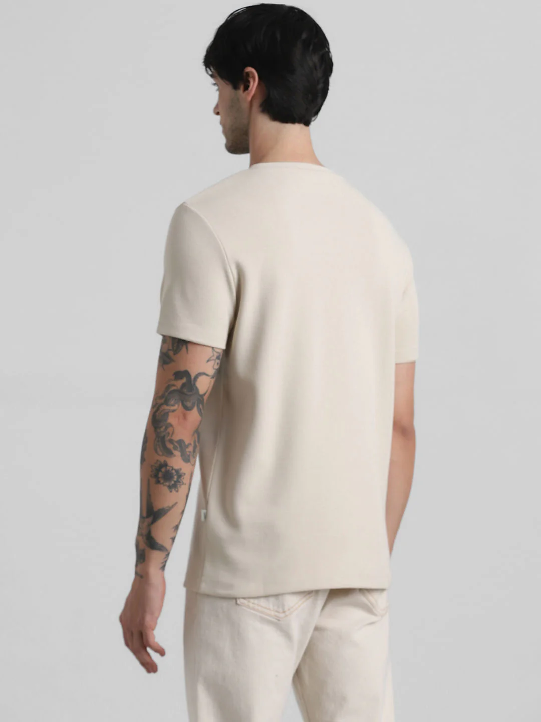 Beige Knitted Pocket Crew Neck T-shirt - Image 4