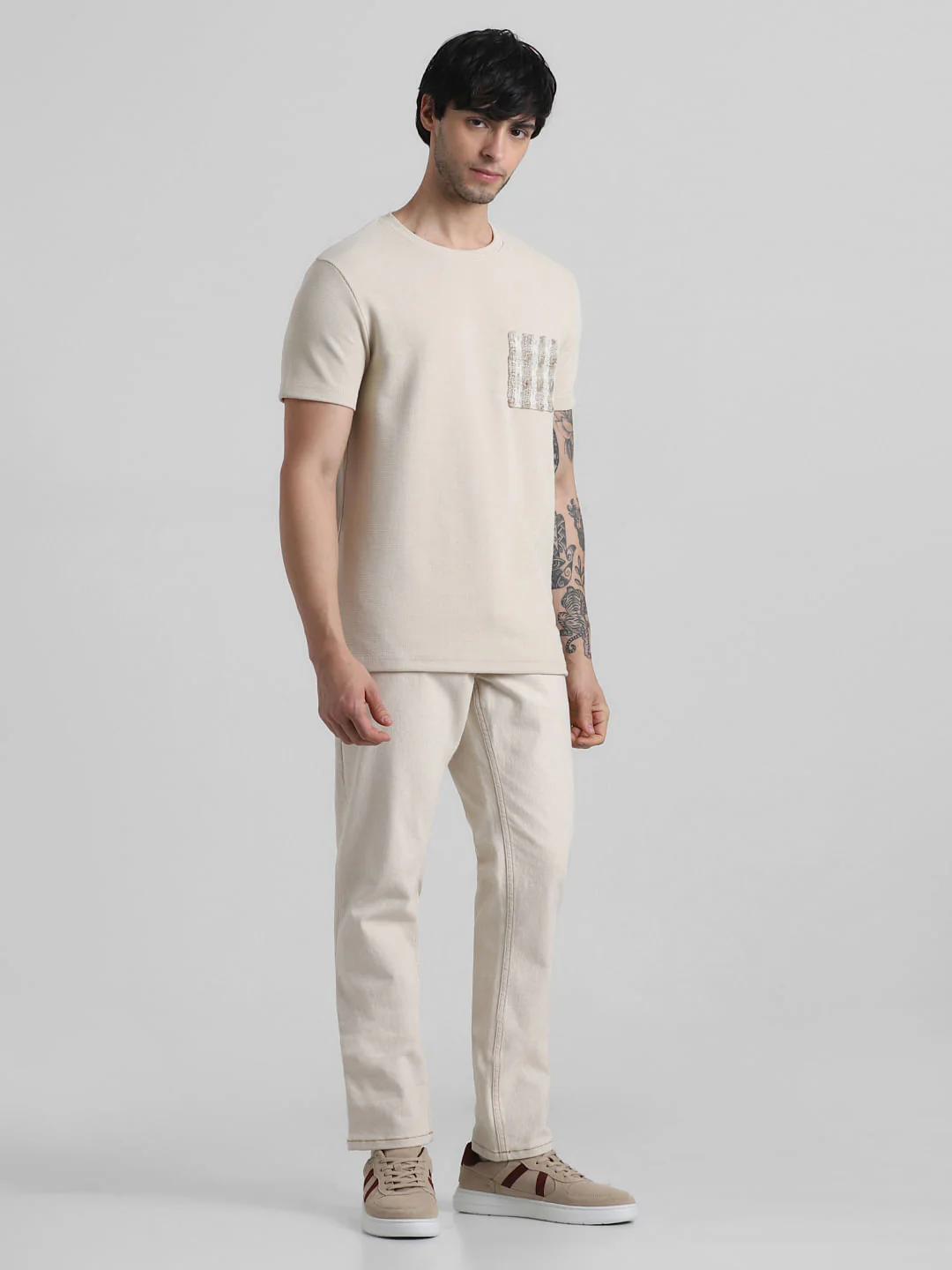 Beige Knitted Pocket Crew Neck T-shirt - Image 6