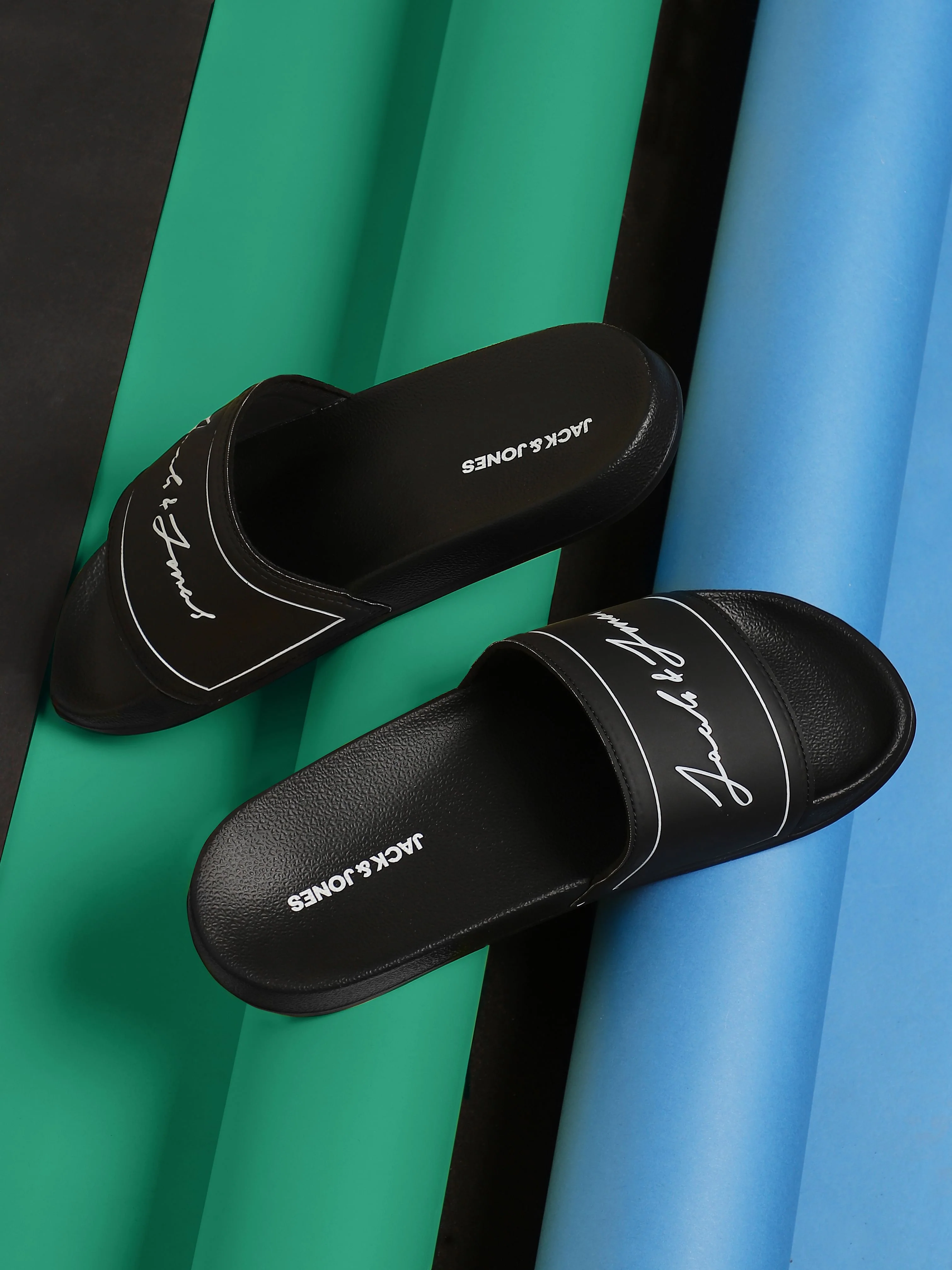 Black Cursive Logo Print Sliders