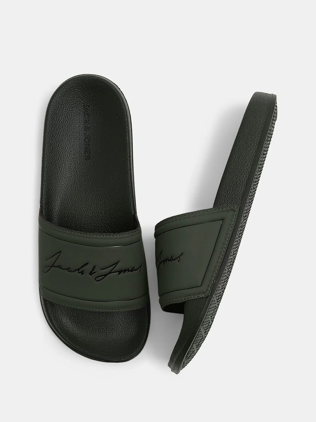 Olive Cursive Logo Print Pool Sliders - Image 3