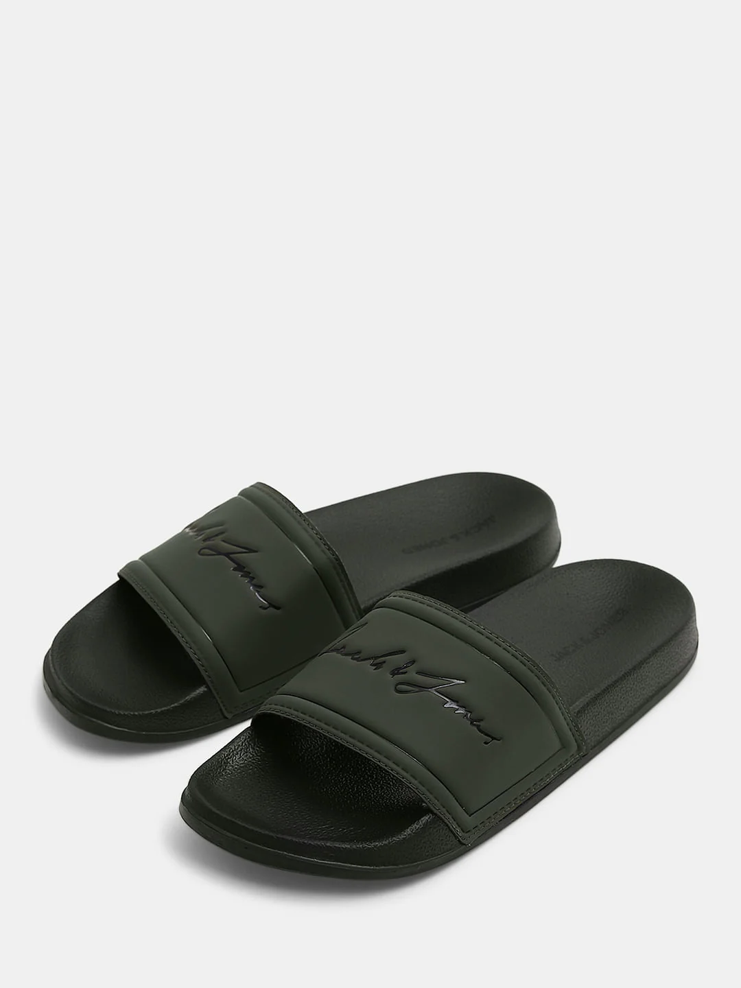 Olive Cursive Logo Print Pool Sliders - Image 6