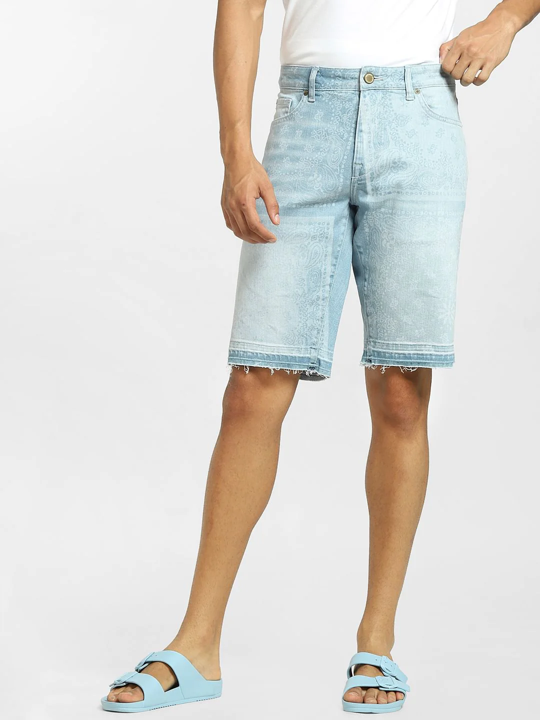 Light Blue Paisley Print Denim Shorts - Image 2