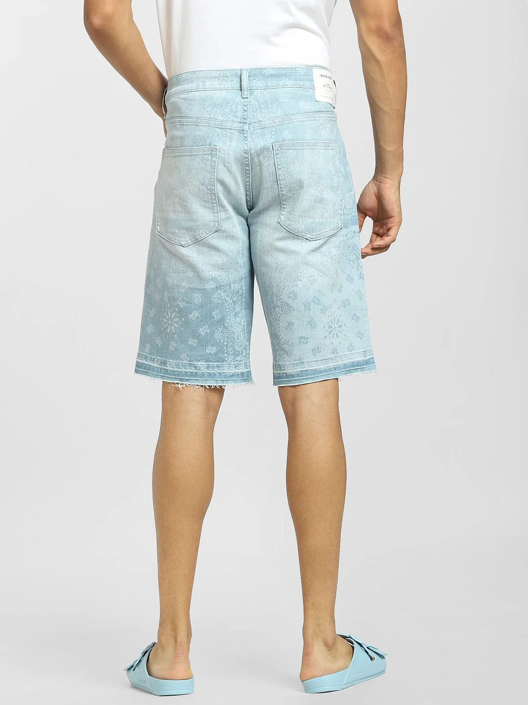 Light Blue Paisley Print Denim Shorts - Image 4