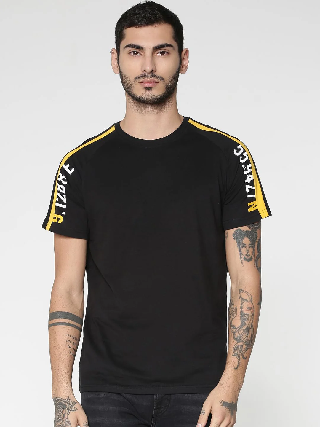 Black Colourblocked Sleeves Crew Neck T-shirt - Image 2