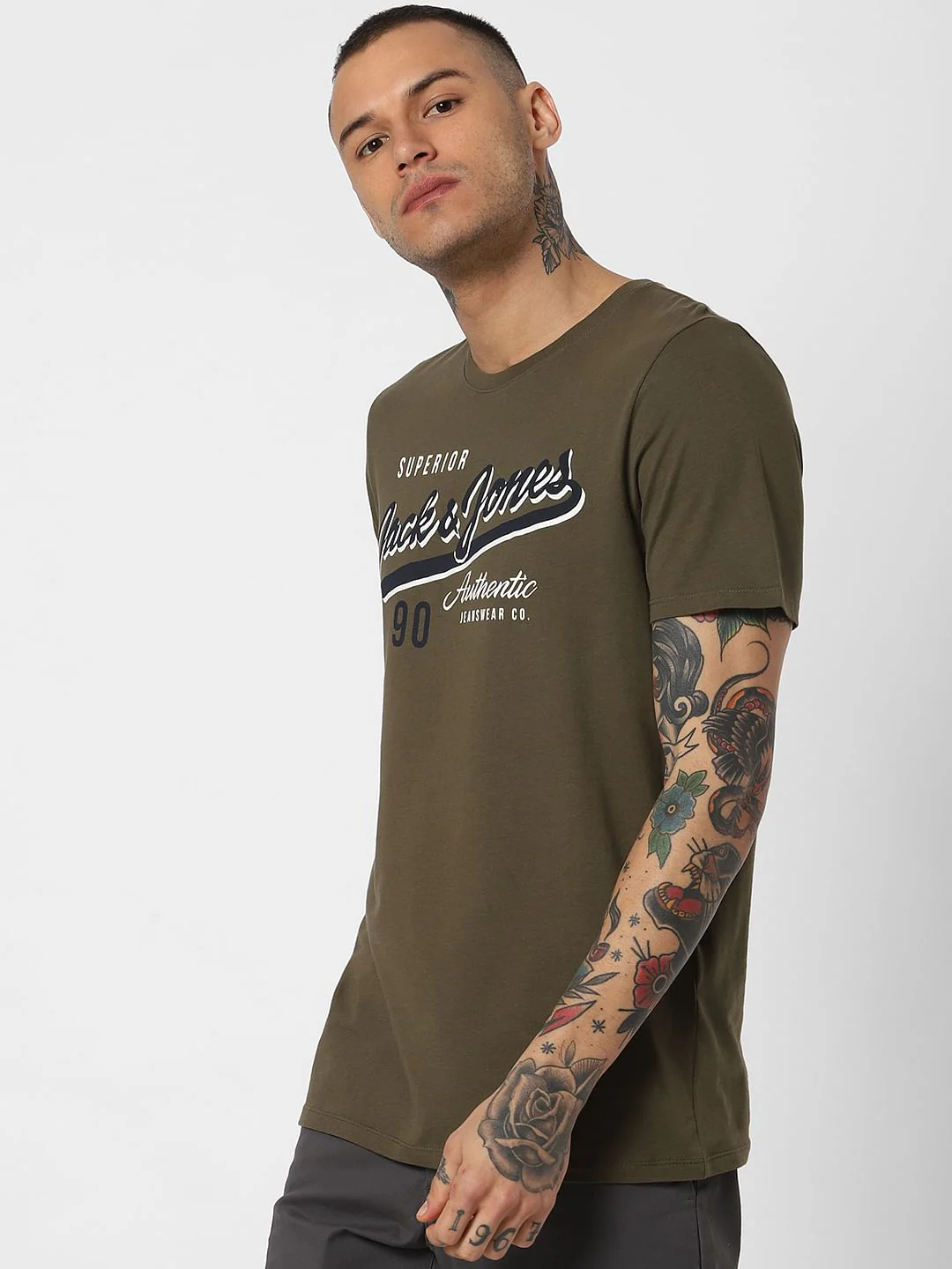 Olive Green Logo Print T-shirt - Image 3
