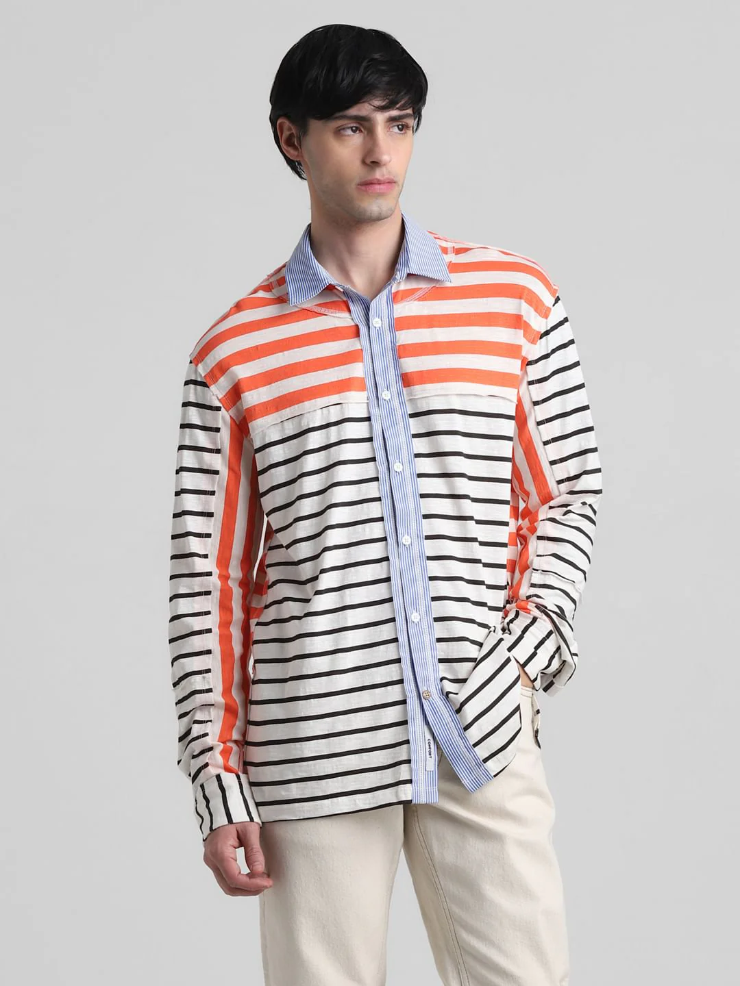 UNMATCHED by JACK&JONES White Striped Colourblocked Shirt - Image 2