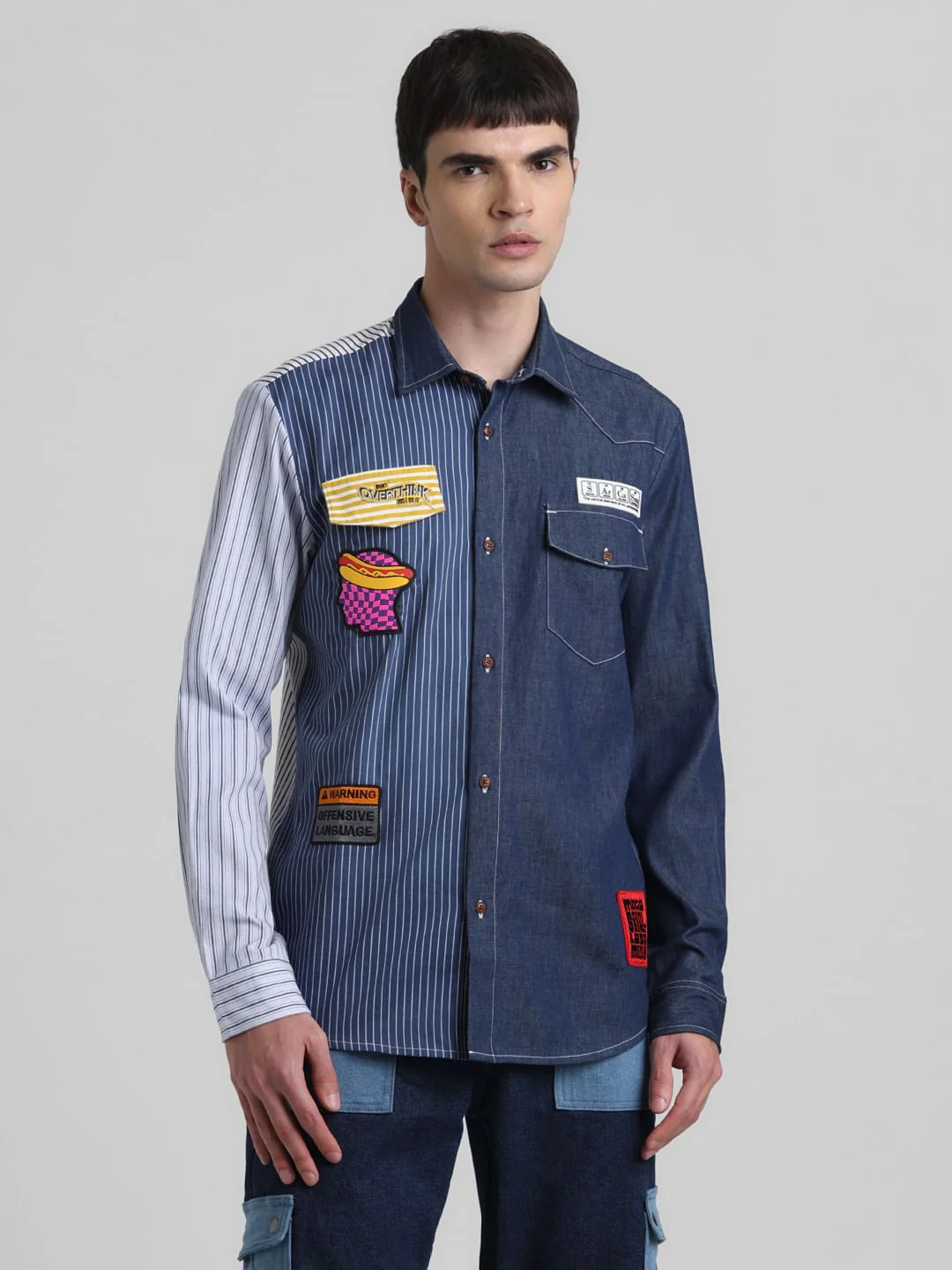 UNMATCHED by JACK&JONES Blue Colourblocked Cut & Sew Shirt - Image 2