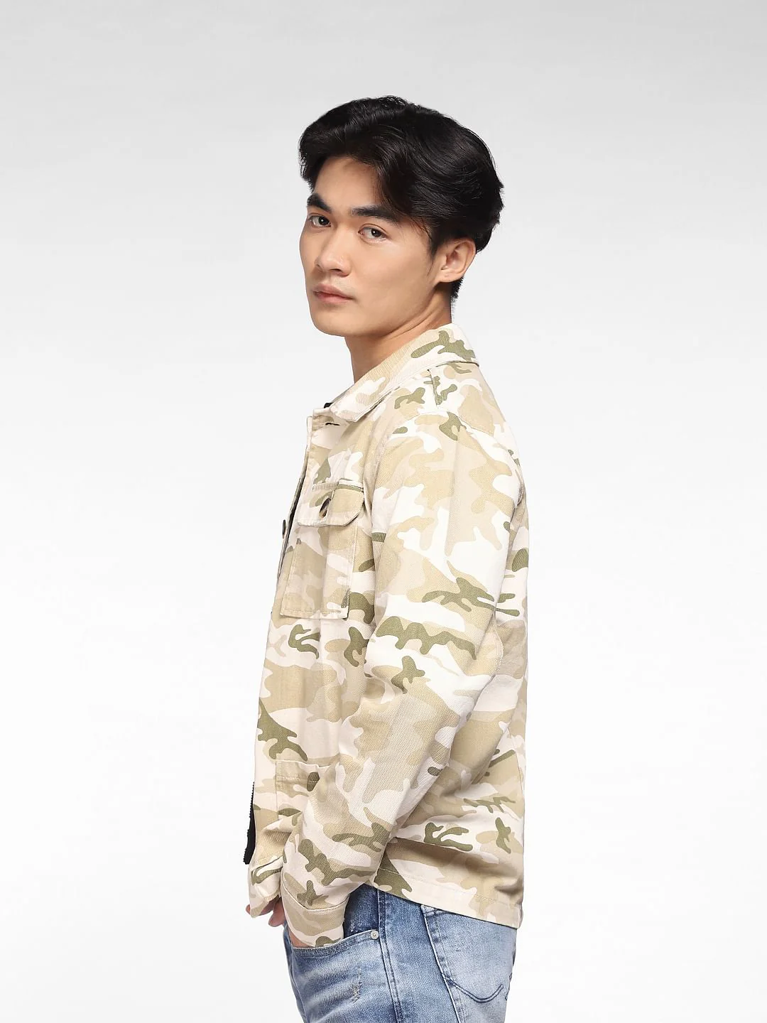 Beige Camo Print Denim Jacket - Image 3