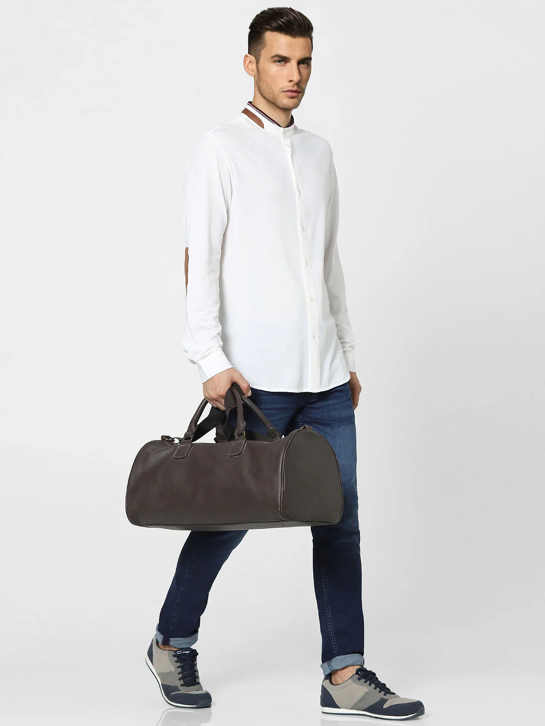 White Knitted Mandarin Collar Shirt