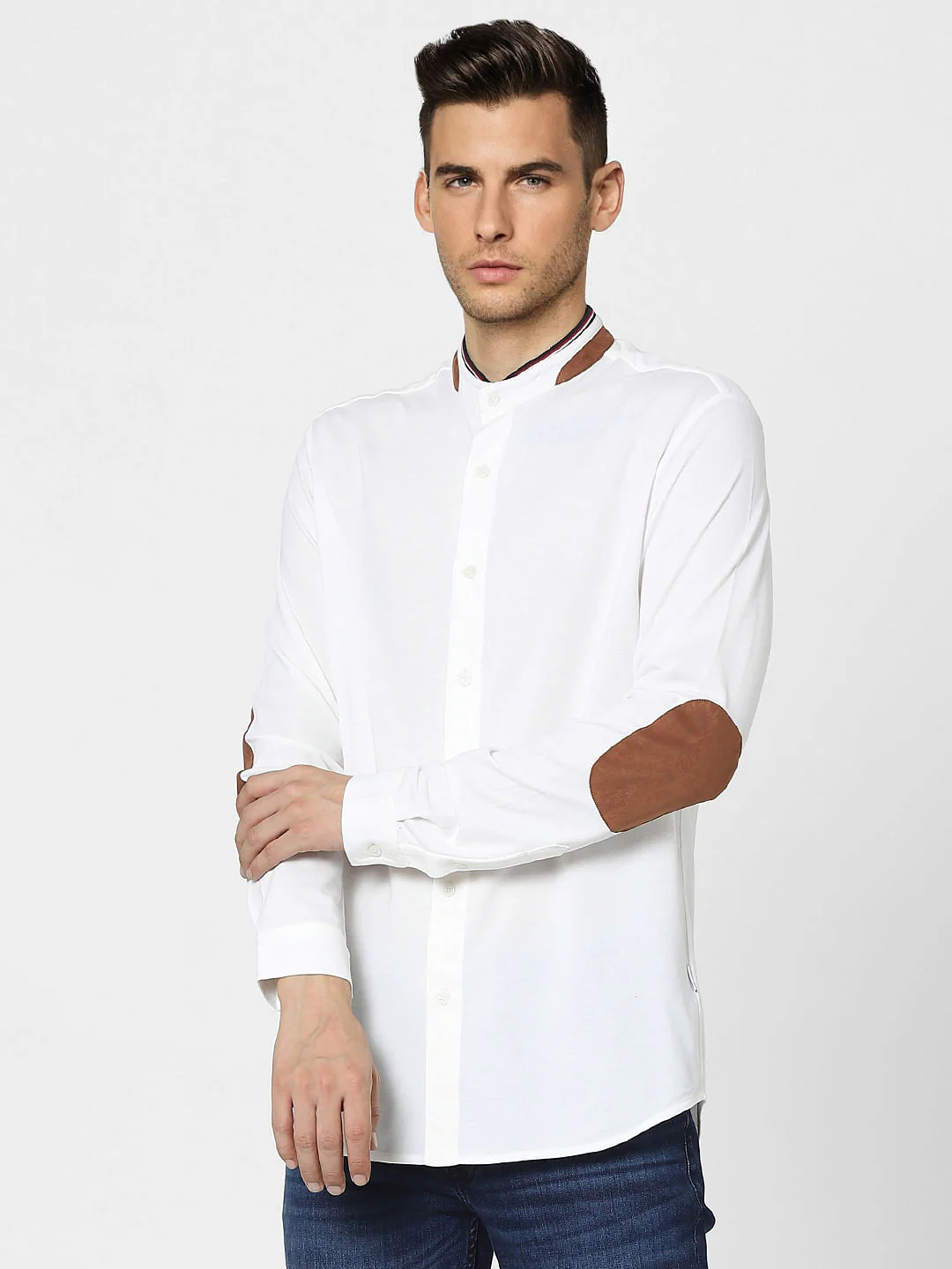 White Knitted Mandarin Collar Shirt - Image 2