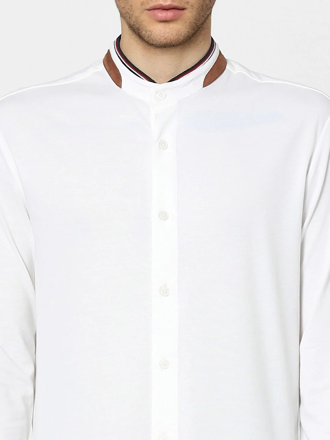 White Knitted Mandarin Collar Shirt - Image 5