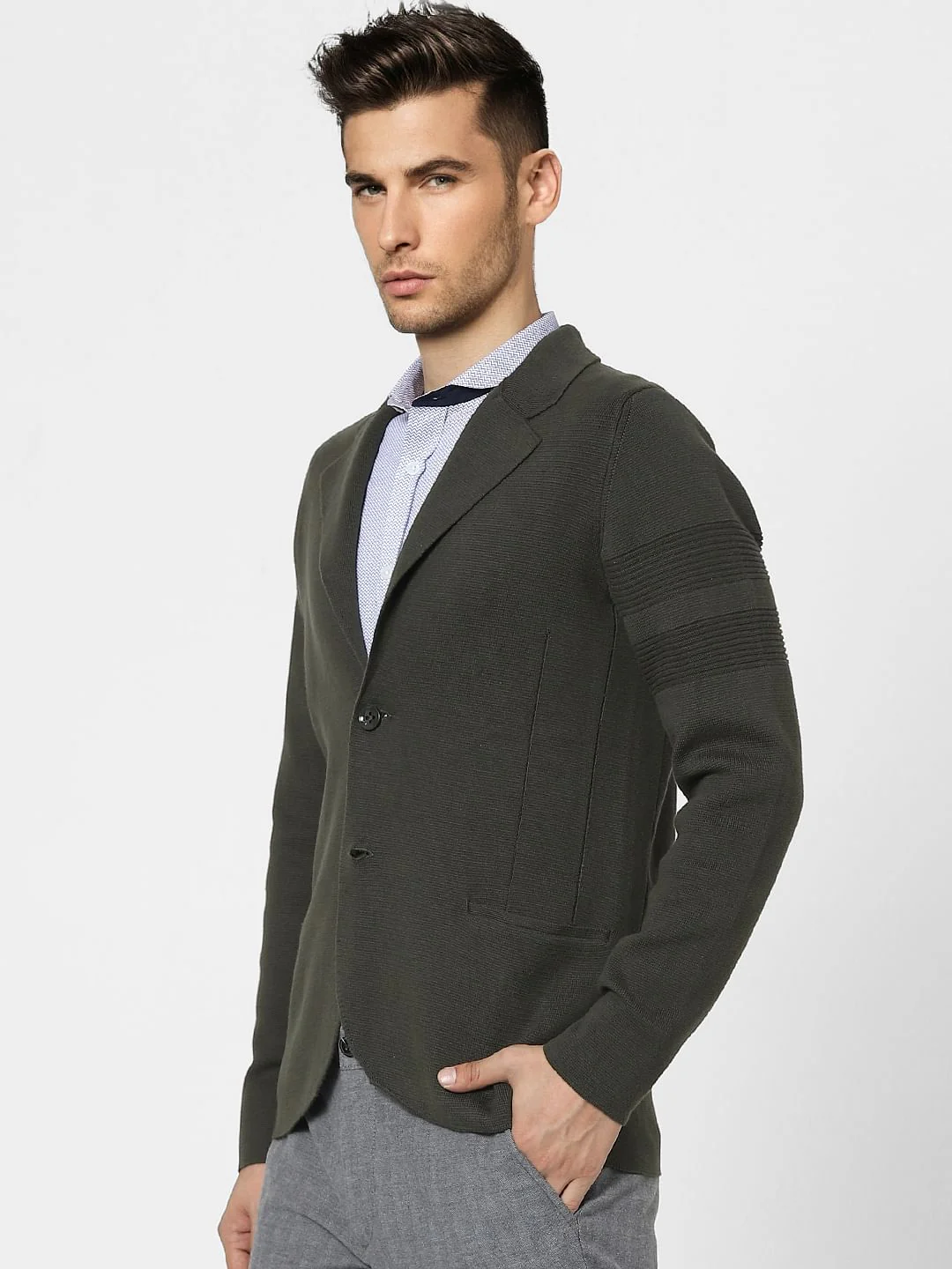 Dark Green Knit Shawl Collar Blazer - Image 2