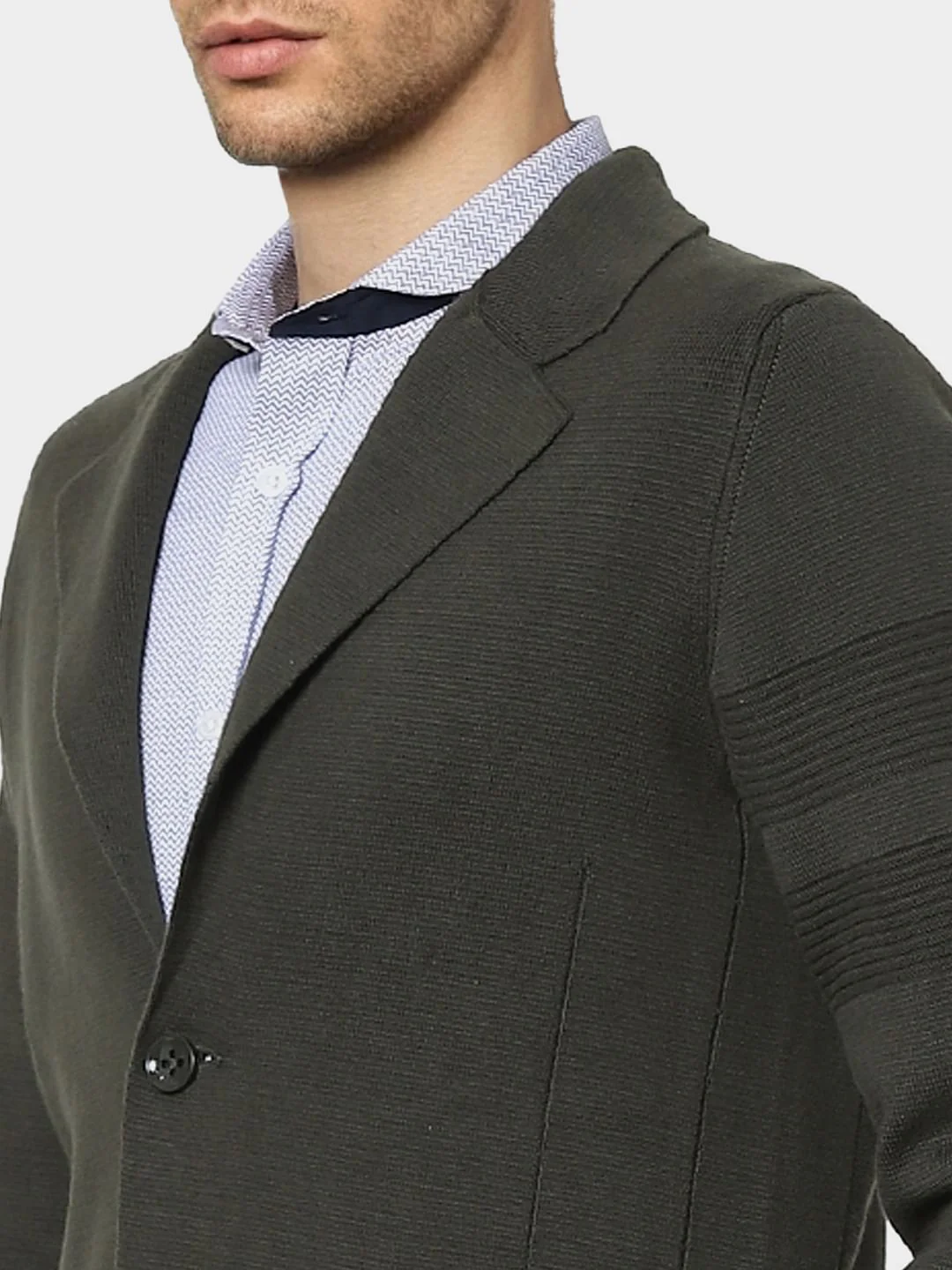 Dark Green Knit Shawl Collar Blazer - Image 4