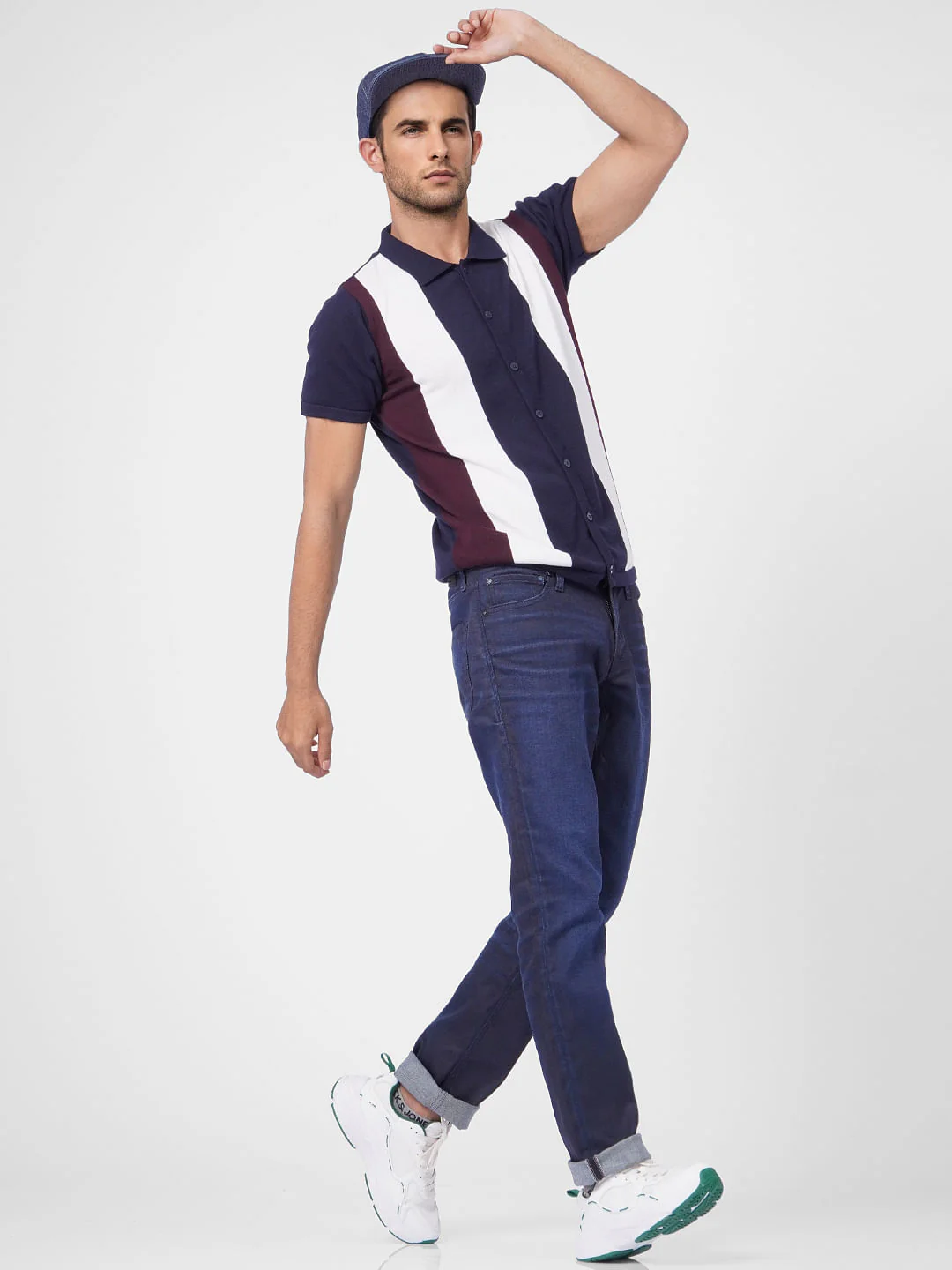 Blue Striped Knit Polo T-shirt
