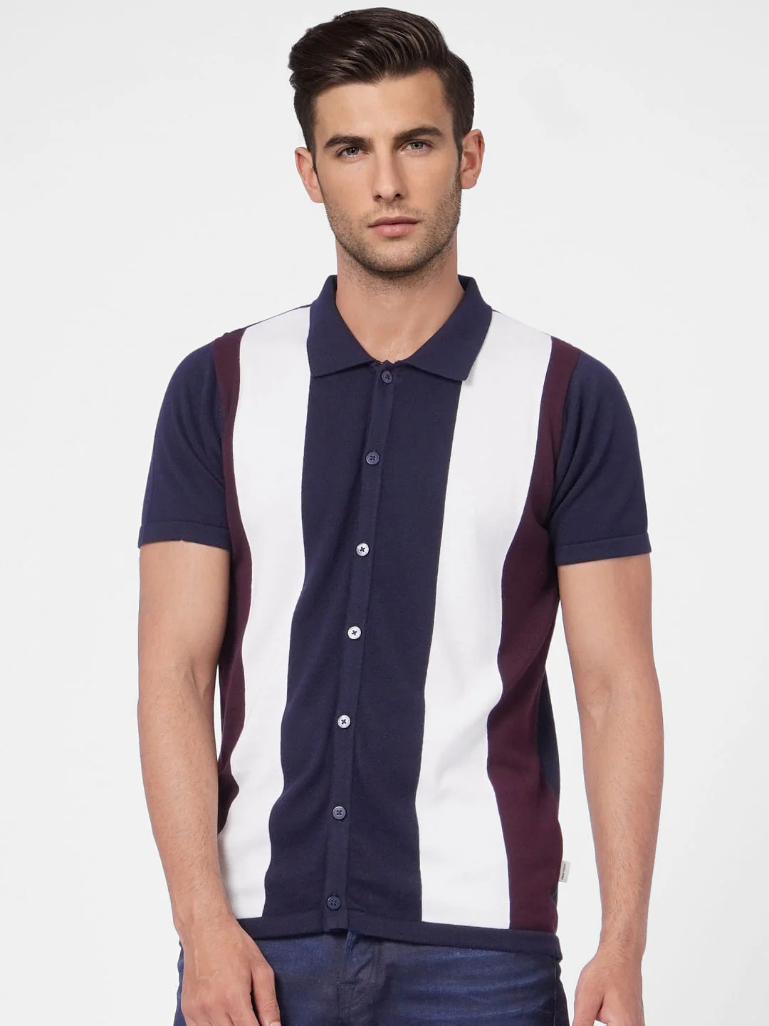 Blue Striped Knit Polo T-shirt - Image 2