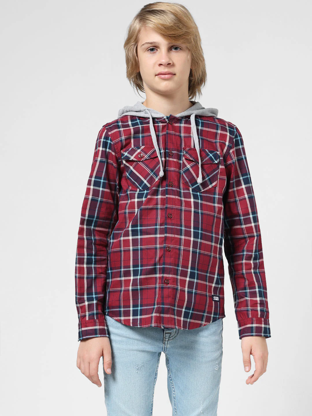 Boys Check Contrast Hood Shirt - Image 2
