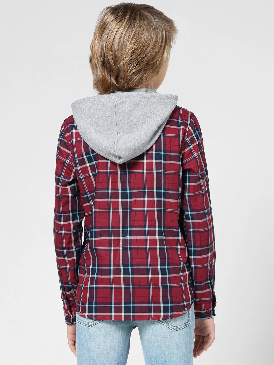 Boys Check Contrast Hood Shirt - Image 3