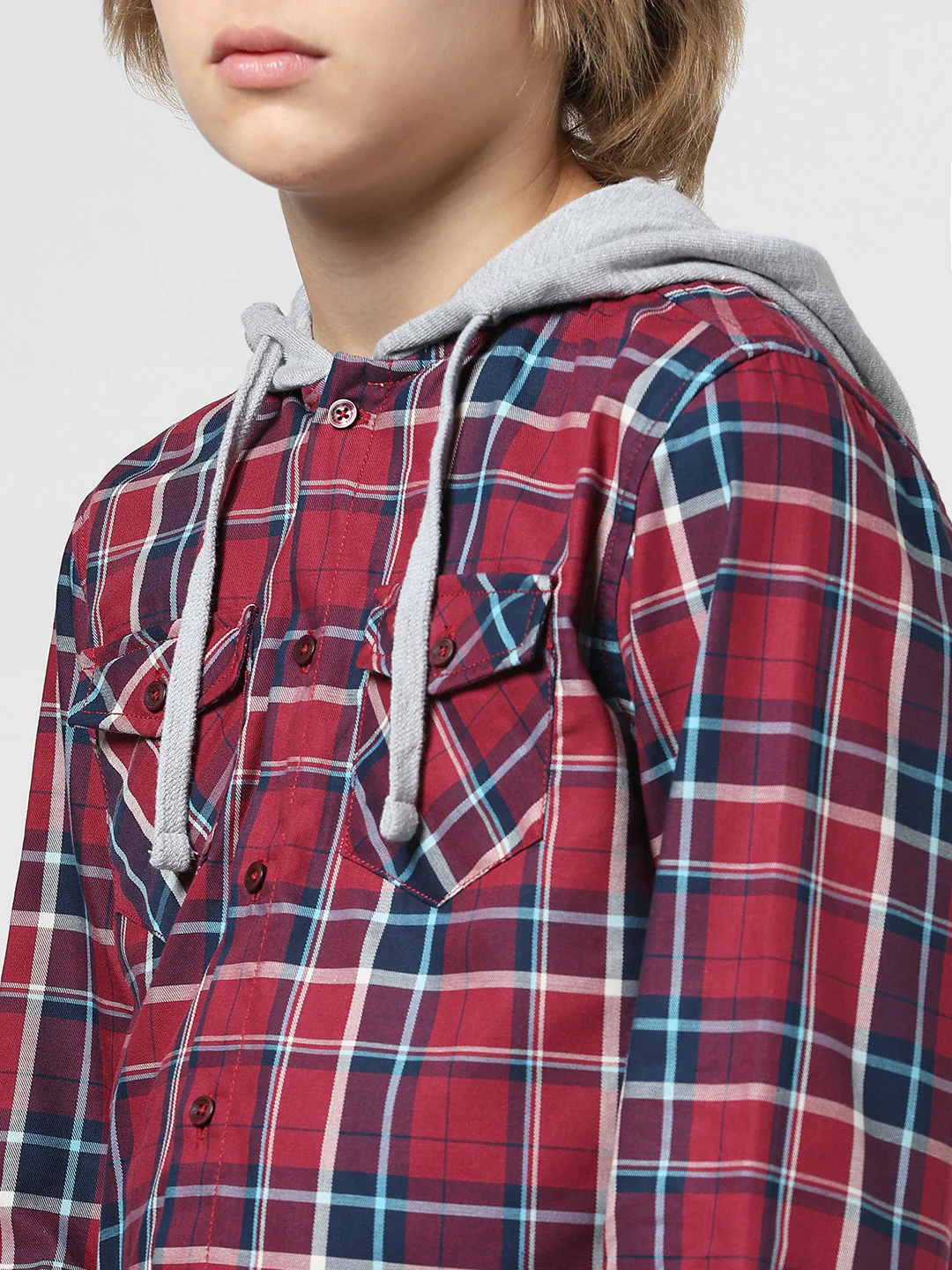 Boys Check Contrast Hood Shirt - Image 4