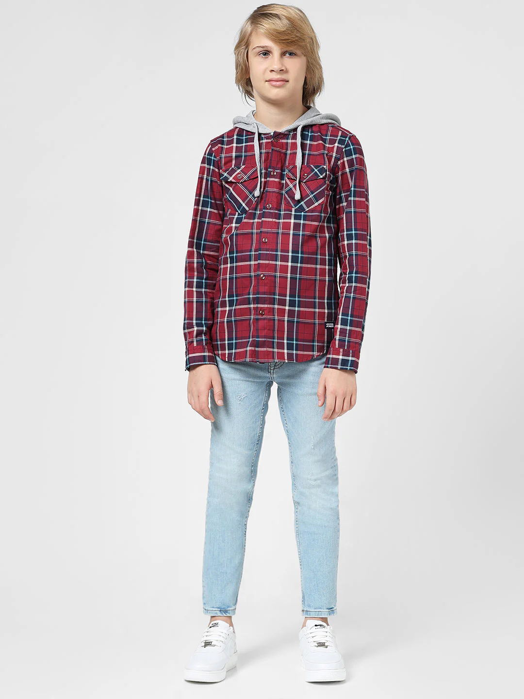 Boys Check Contrast Hood Shirt - Image 5