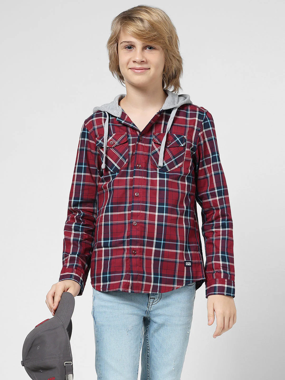 Boys Check Contrast Hood Shirt - Image 6