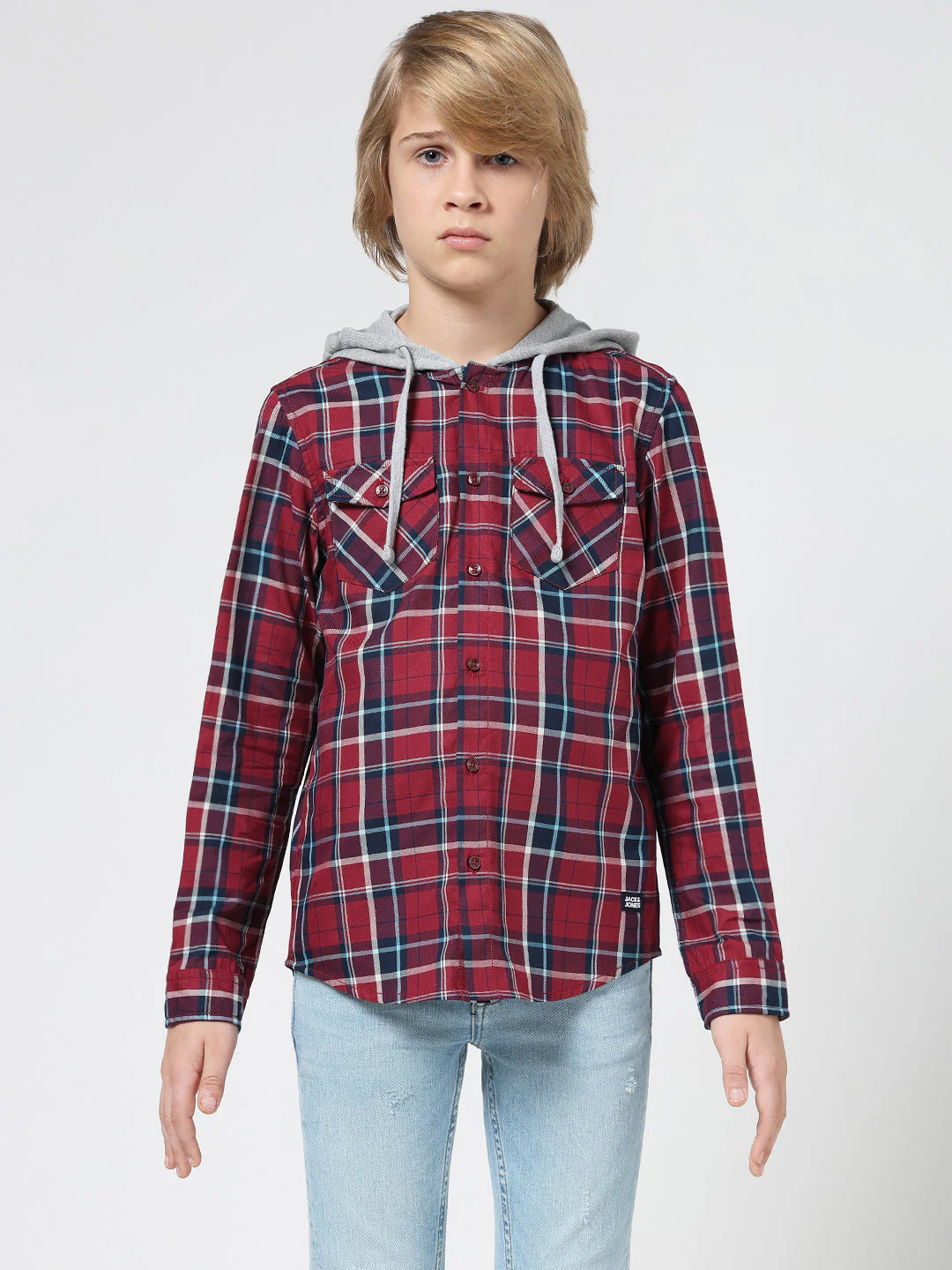 Boys Check Contrast Hood Shirt - Image 8