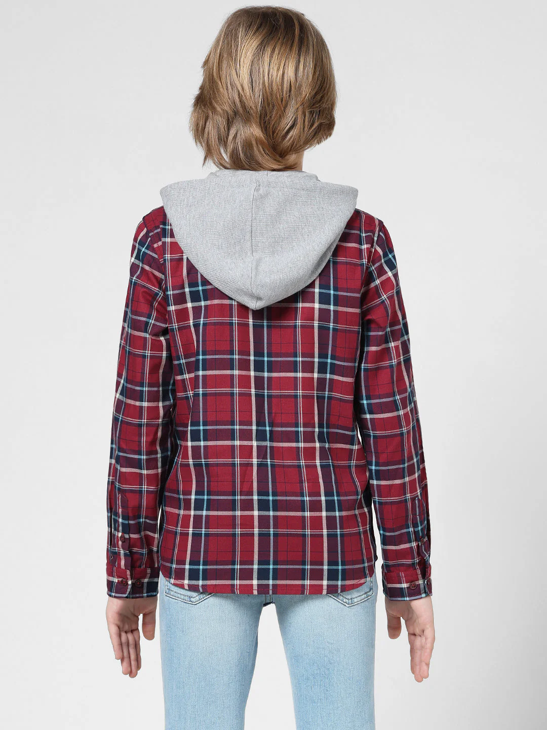 Boys Check Contrast Hood Shirt - Image 9
