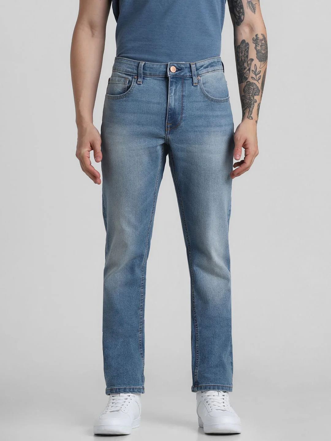 Blue Mid Rise Washed Clark Regular Fit Jeans