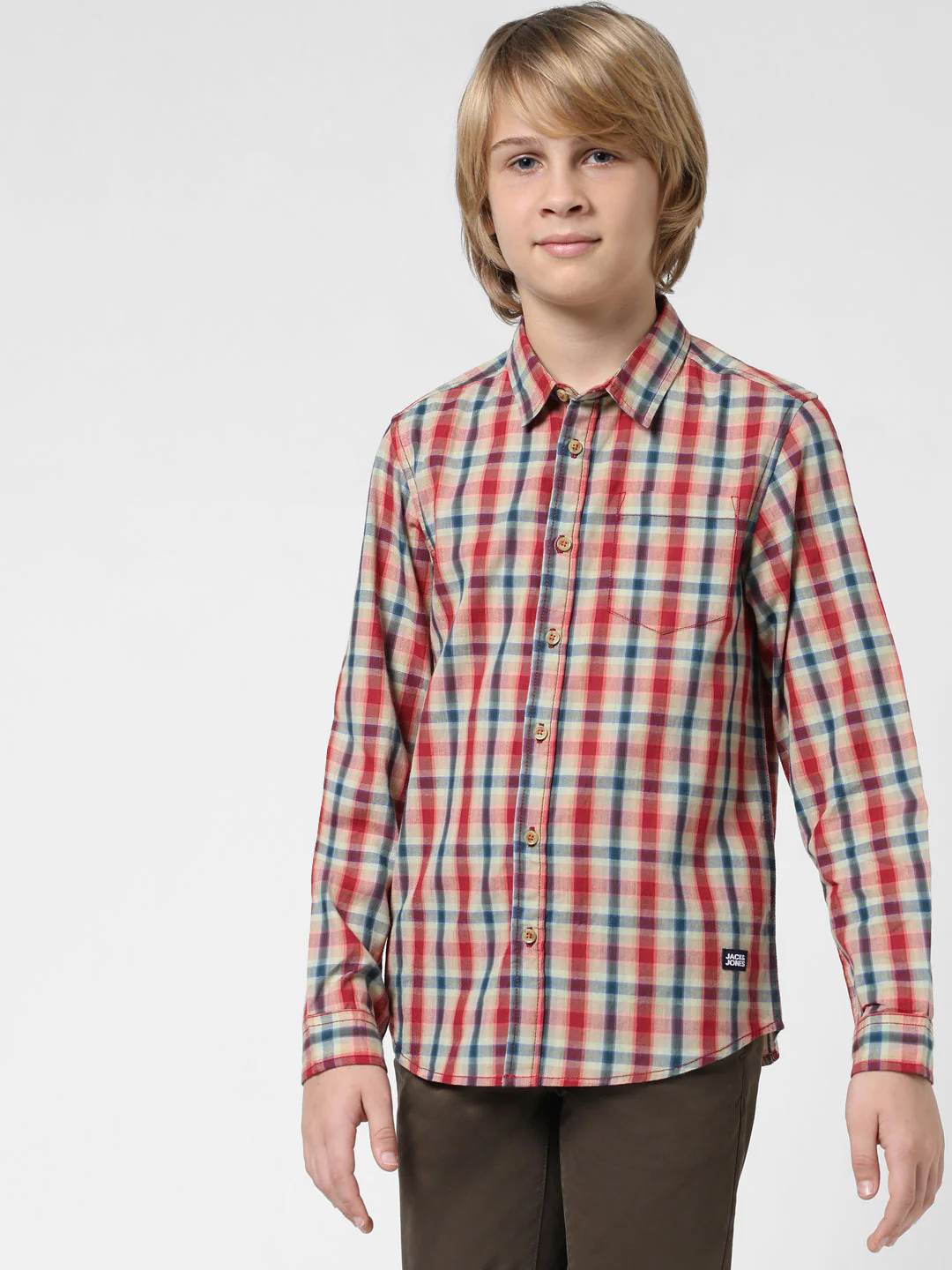 Boys Beige Check Cotton Shirt - Image 2