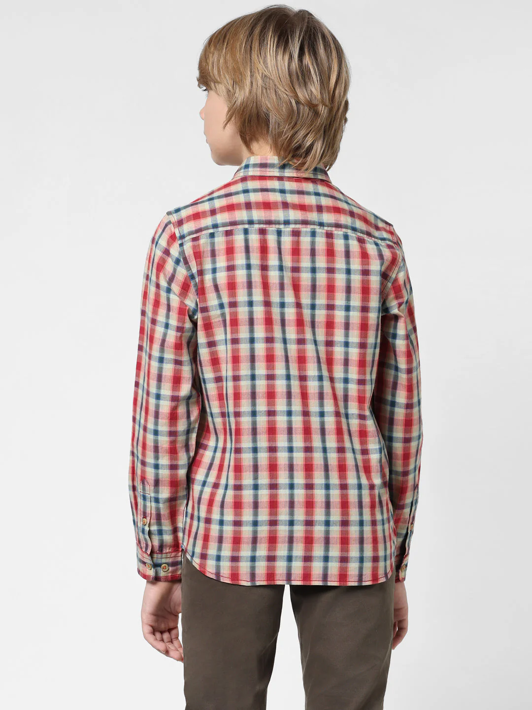 Boys Beige Check Cotton Shirt - Image 3