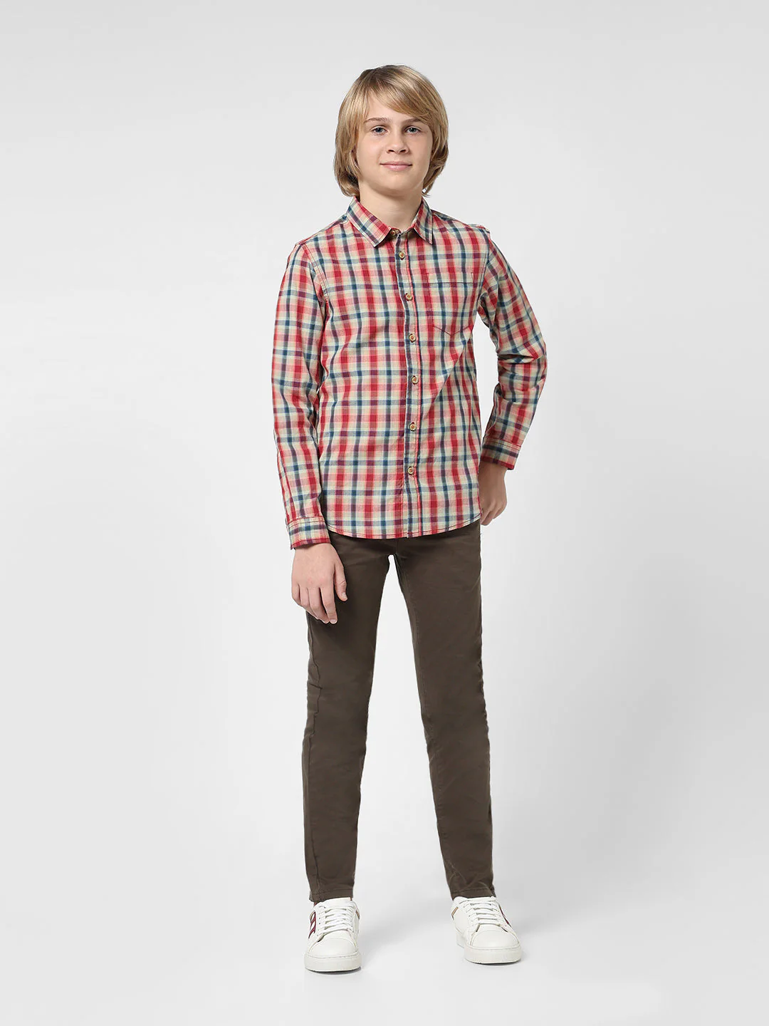 Boys Beige Check Cotton Shirt - Image 5
