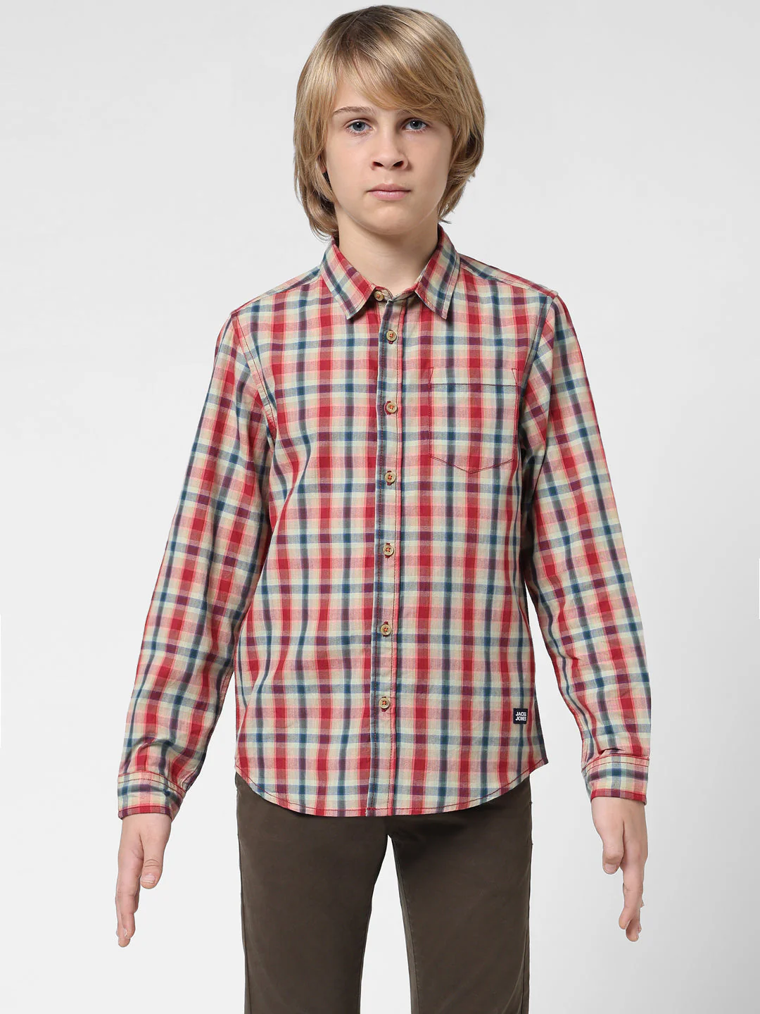 Boys Beige Check Cotton Shirt - Image 7
