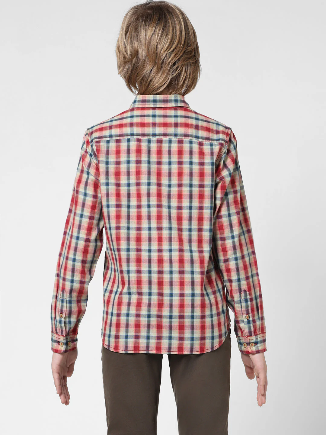 Boys Beige Check Cotton Shirt - Image 8