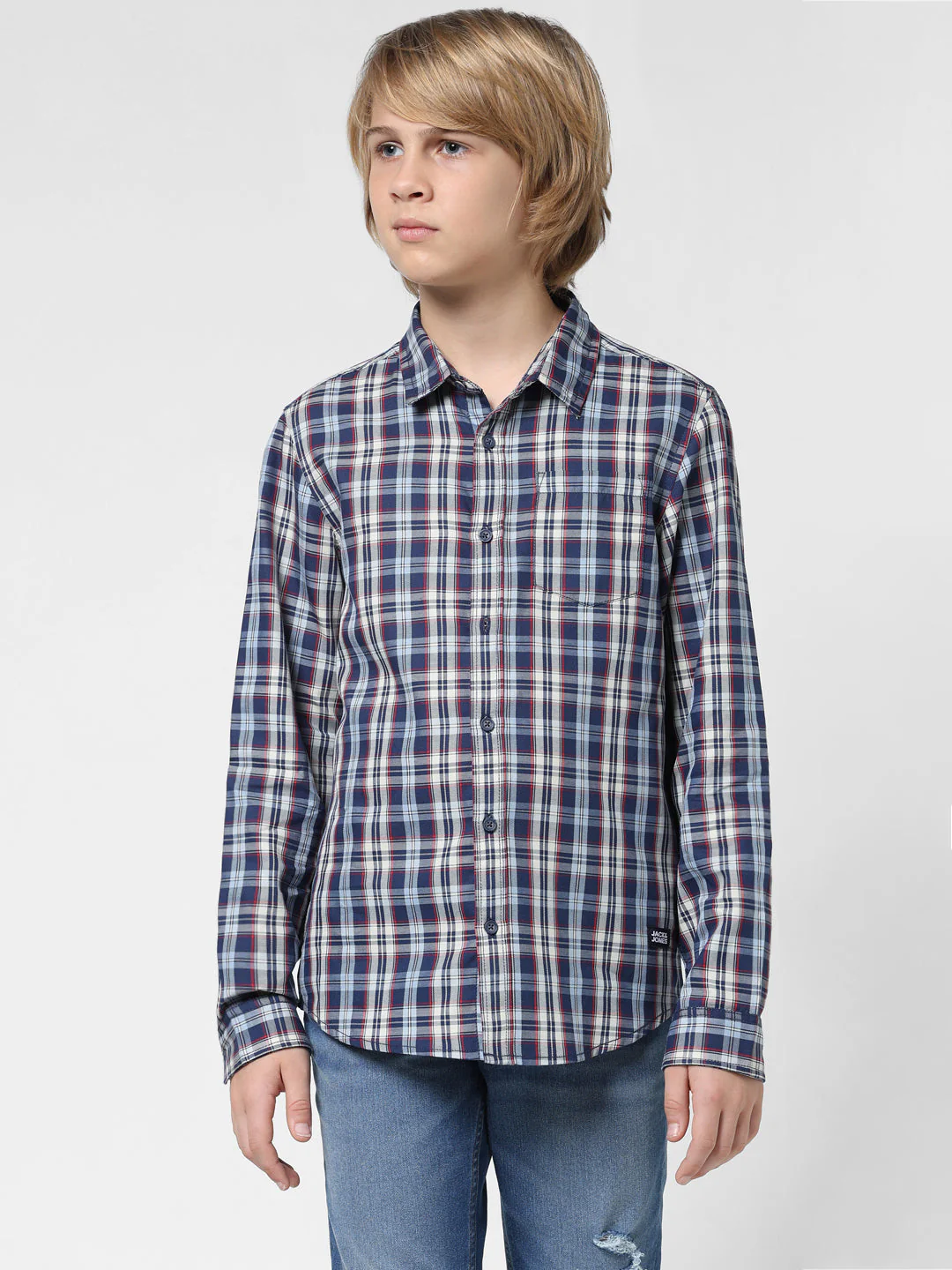 Boys Navy Check Cotton Shirt - Image 2