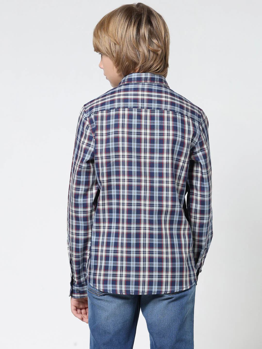 Boys Navy Check Cotton Shirt - Image 3