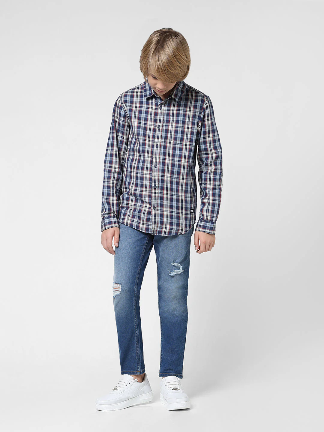 Boys Navy Check Cotton Shirt - Image 5