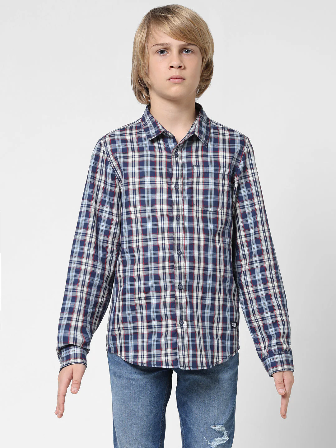 Boys Navy Check Cotton Shirt - Image 7