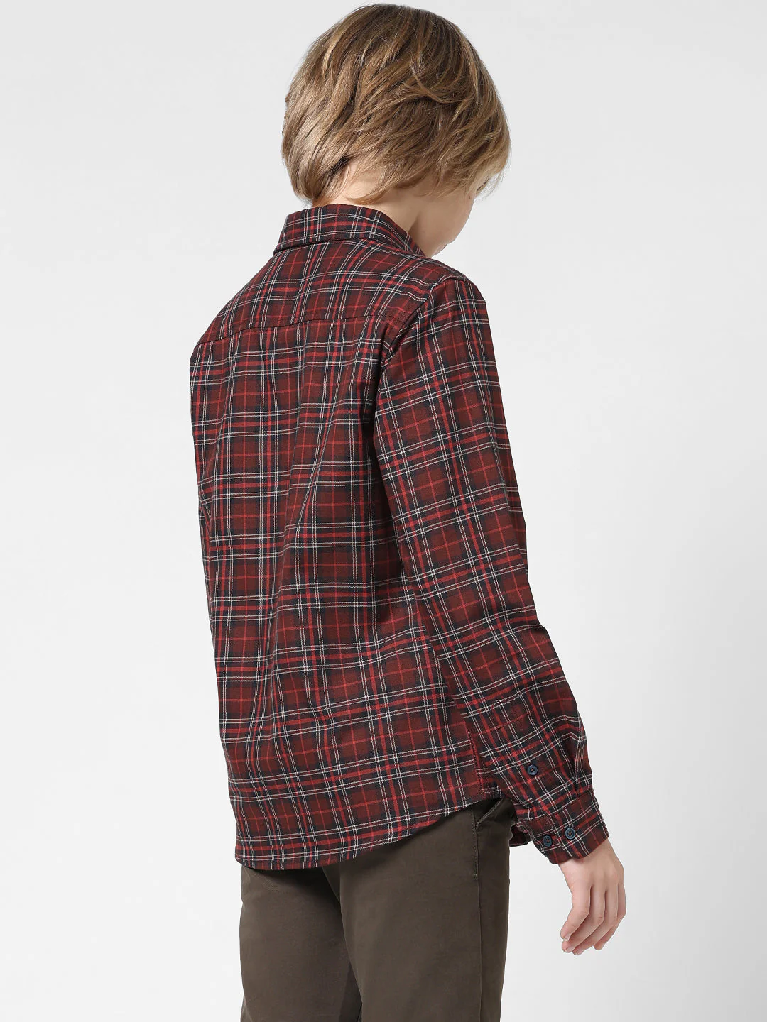 Boys Dark Red Check Cotton Shirt - Image 3