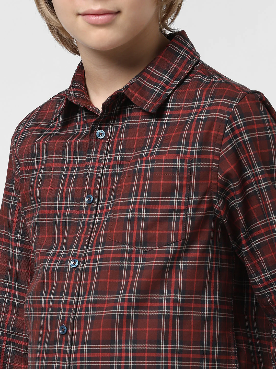 Boys Dark Red Check Cotton Shirt - Image 4