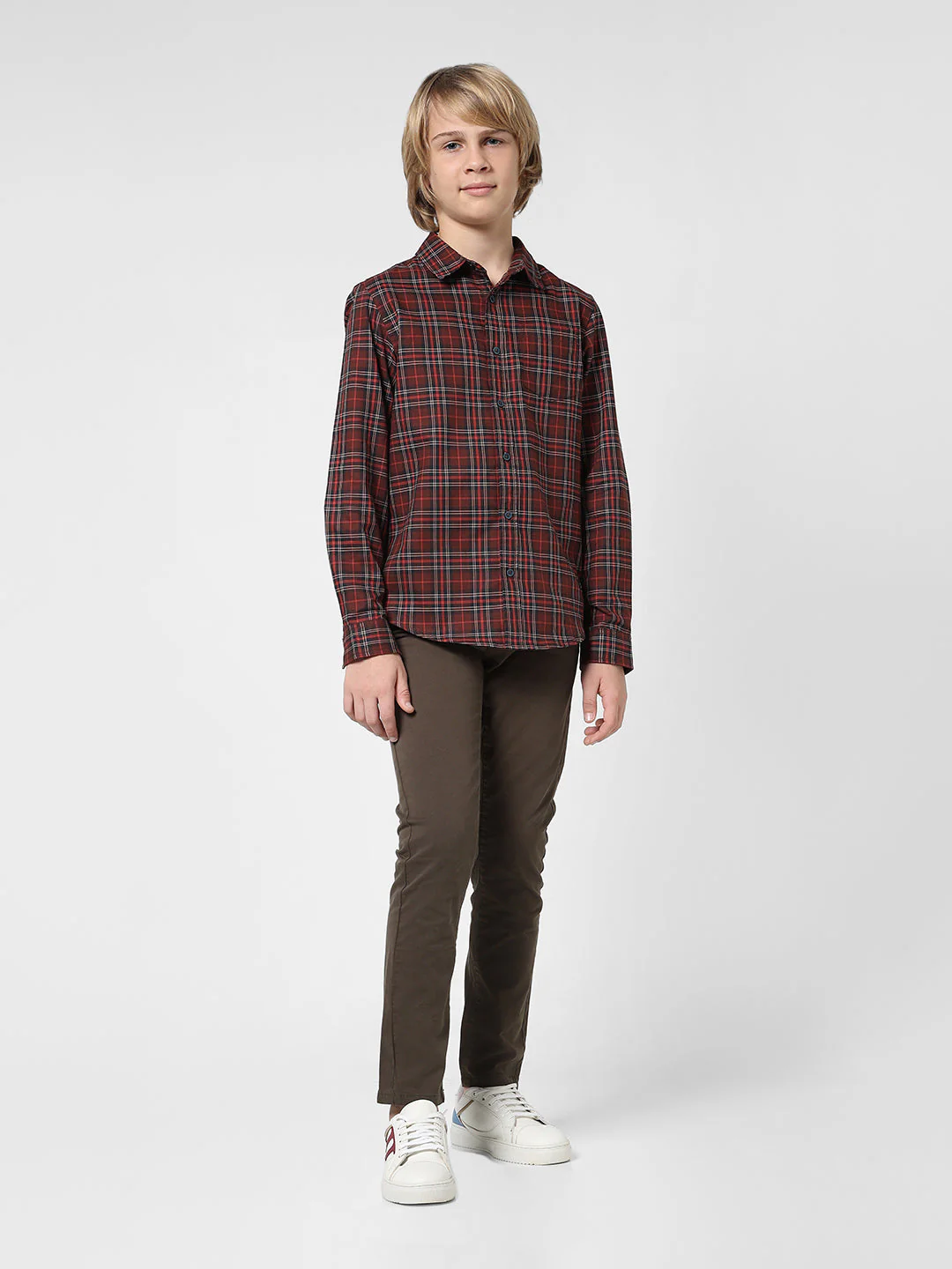 Boys Dark Red Check Cotton Shirt - Image 5