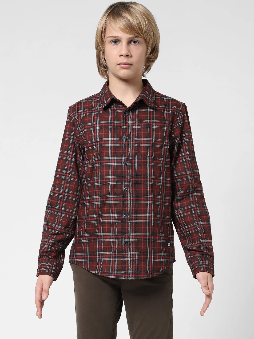 Boys Dark Red Check Cotton Shirt - Image 7