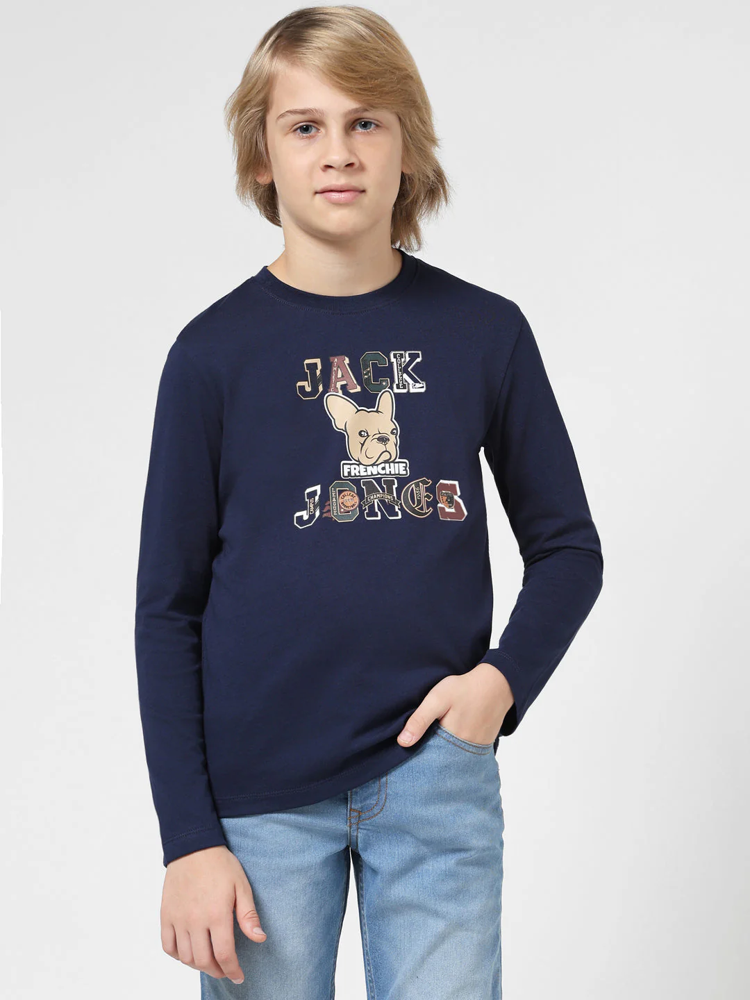 Boys Navy Printed Cotton T-shirt - Image 2
