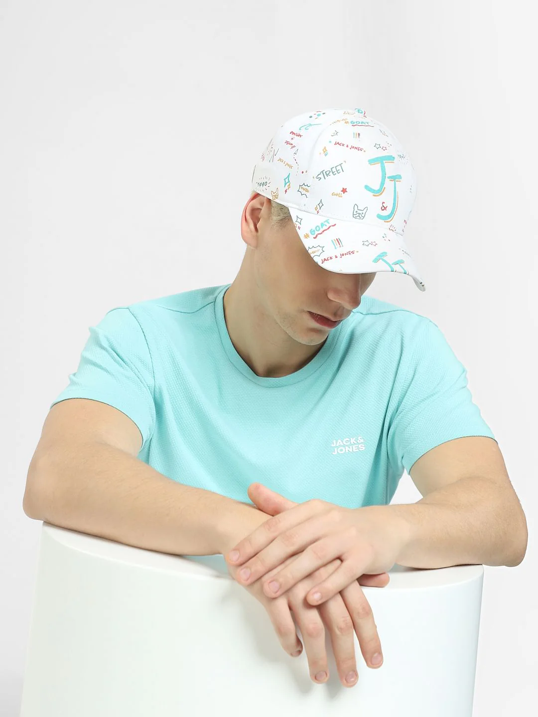 White Doodle Print Baseball Cap
