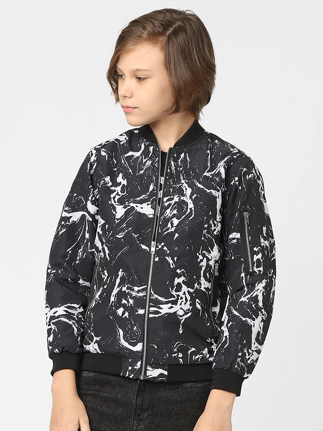 Boys Black Printed Bomber Jacket - Image 2