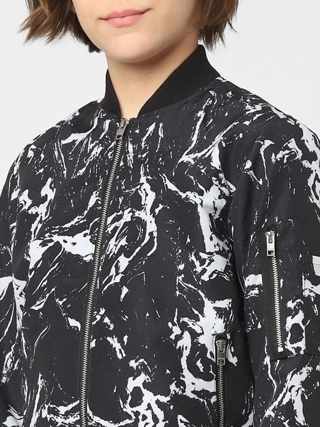Boys Black Printed Bomber Jacket - Image 5