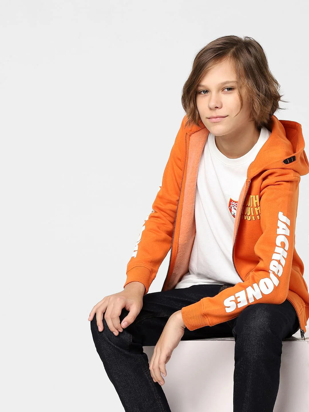 Boys Orange Hooded Zip Up Sweatshirt