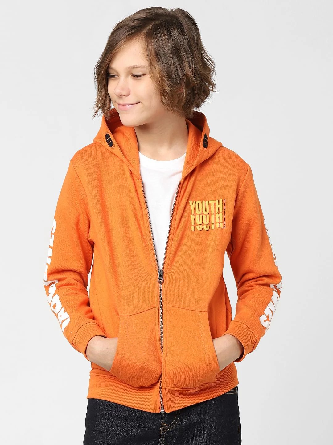 Boys Orange Hooded Zip Up Sweatshirt - Image 2