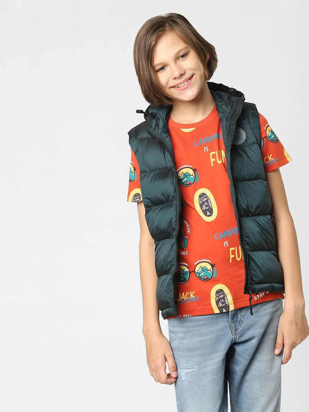 Boys Orange Printed Crew Neck T-shirt